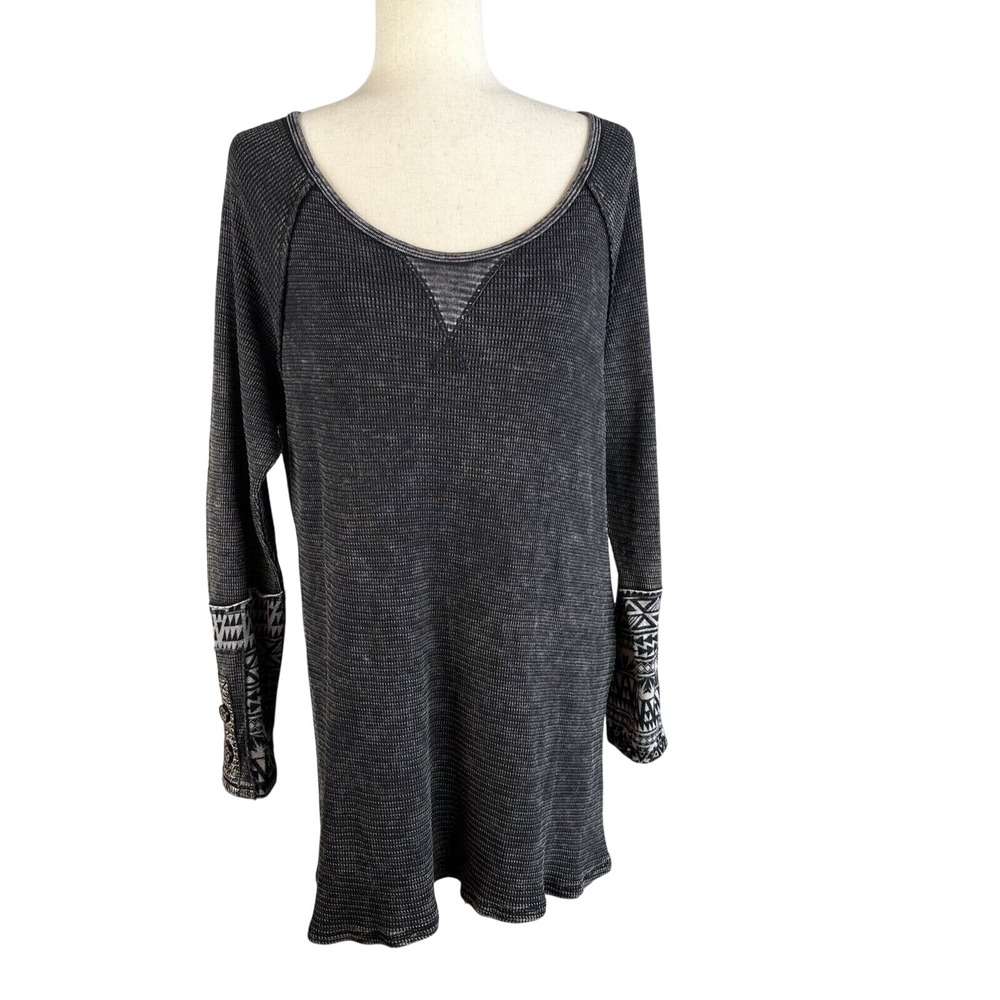 Soft Surroundings Tao‎ Thermal Tunic Top Size S Washed Black Button Pattern Cuff
